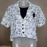 White printed cotton short sleeve top for girls, featuring soft puff teddy design and black buttons. Comfortable, casual wear made in India