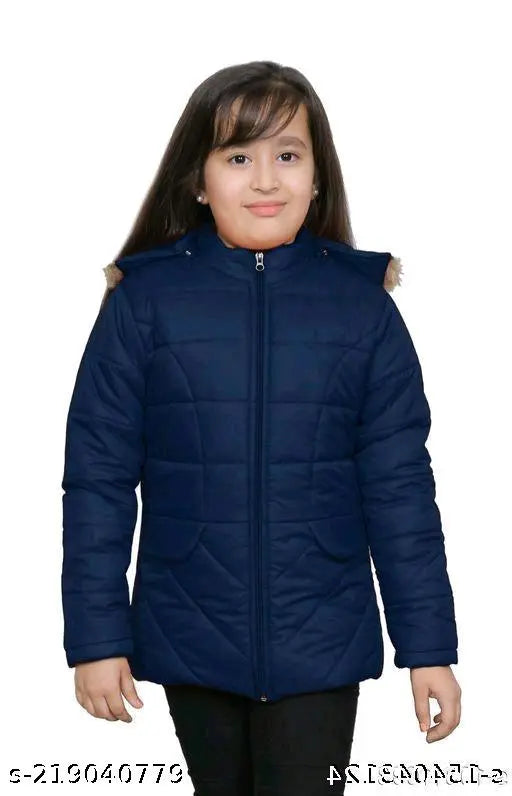 Stylish polyester fur butter jacket for baby girls (warm, winter wear, 3 layers). Close-up image on model wearing the jacket in a winter scene