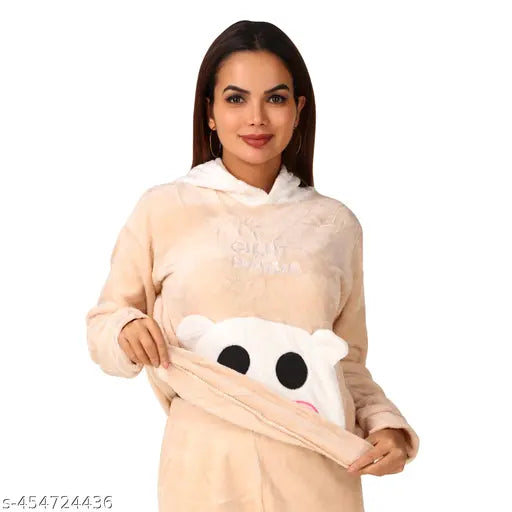 Winter 2PC panda-printed fur nightsuit (S/M) - Luxurious blanket fur fabric for women's cozy winter sleepwear