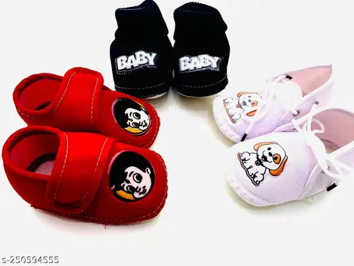Cotton and Eva printed net baby booties combo (Set OF 3), suitable for newborn babies 0-12 months, featuring separate sizes for boys and girls