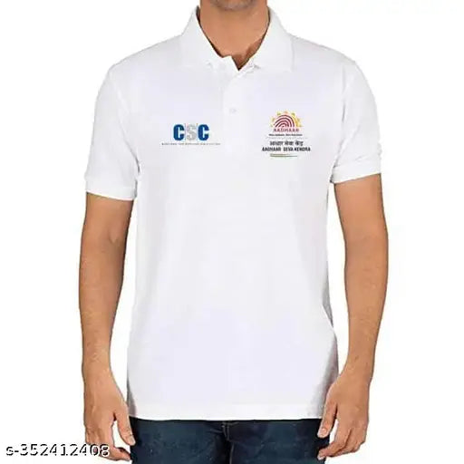 Polyester printed CSC Aadhaar Seva Kendra t-shirt with collar (S, M, XL). Identifies CSC VLE for government services delivery