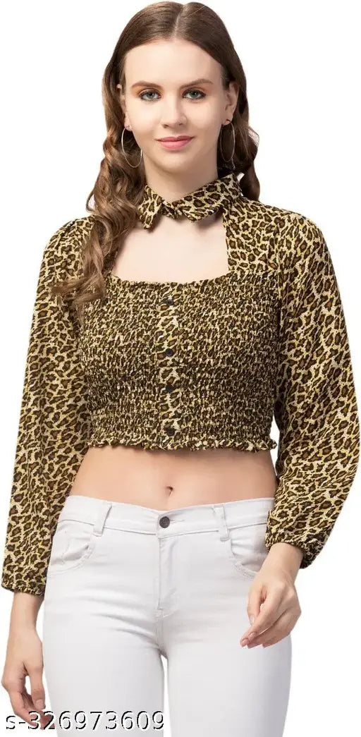 Printed crepe sleeved coller crop top for women, India origin, size N, length 20 inches