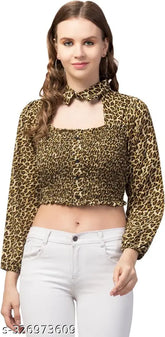 Printed crepe sleeved coller crop top for women, India origin, size N, length 20 inches