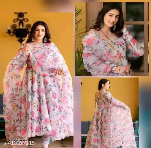 Georgette printed dress set with dupatta, floral digital print, for women's parties and festivals. Hand wash only." (124 characters)