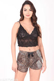 Leopard print sleeveless crop top, net shorts & robe set in soft imported fabric - women's nightwear