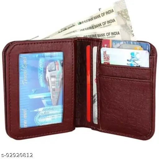 Brown faux leather men's wallet with 2 compartments, textured pattern, and free size (11cm x 10cm). Indian-made accessory for casual or formal occasions