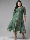 Green rayon ethnic motif round kurti, Yash Gallery. Golden floral print A-line design, 3/4 sleeves, Indian fashion