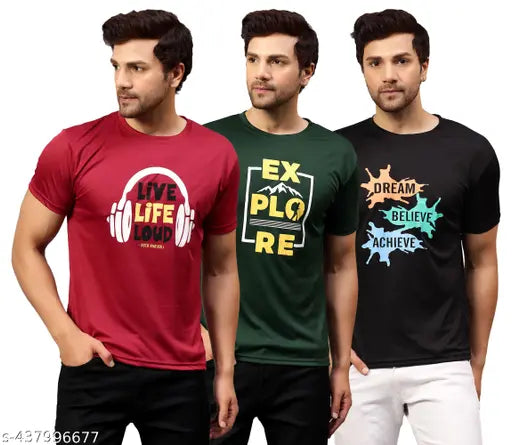 Trendy polyester Dri Fit printed men's t-shirts - Pack of 3 in various sizes (M-XXL) featuring unique prints for sports or casual wear, made in India