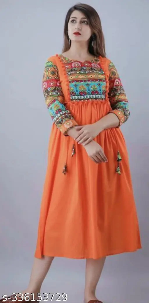 Rayon A-line printed Anarkali kurta with embroidered patterns, three-quarter sleeves. Women's festive wear from India