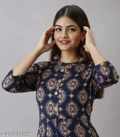 Rayon printed combo 4kaam kurti with three-quarter sleeves, quality cotton fabric and stitched detailing. Indian-made knee length dress for women and girls