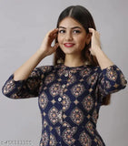Rayon printed combo 4kaam kurti with three-quarter sleeves, quality cotton fabric and stitched detailing. Indian-made knee length dress for women and girls