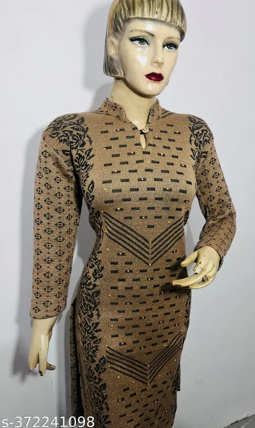 Brown flower printed woolen kurti for women, three-quarter sleeves, ideal for winter