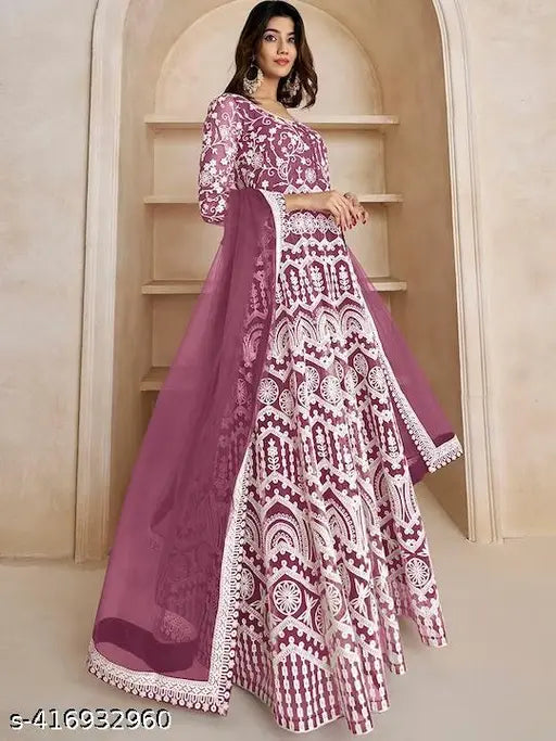 Elitevibe embroidered net long gown, Bollywood style wedding dress with heavy embellishments, Indian ChikanKary craftsmanship in various sizes