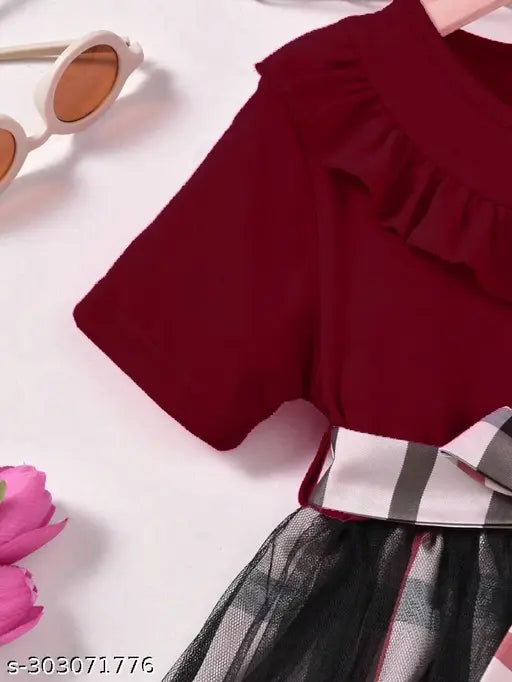 Maroon modal printed dress, long sleeves, Niren Enterprise kids' round neck frocks - Indian ethnic toddler party wear for girls
