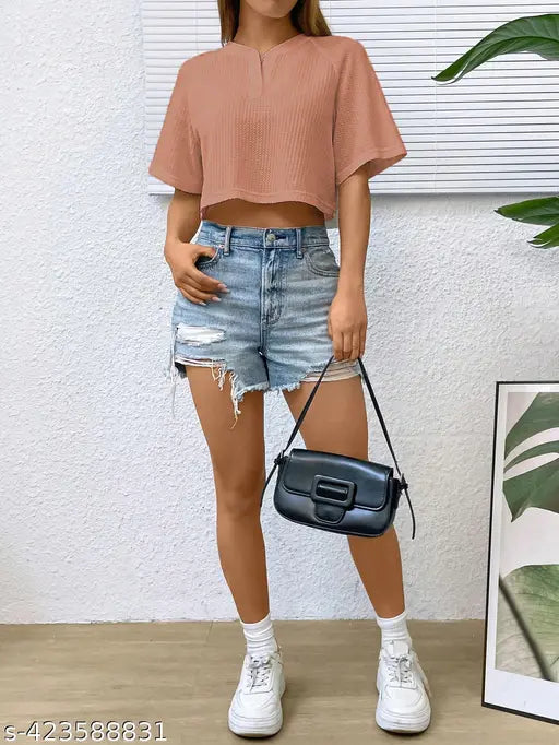 Waffle knit, modal crop top for women's festive wear - solid color, short sleeve, round neck design