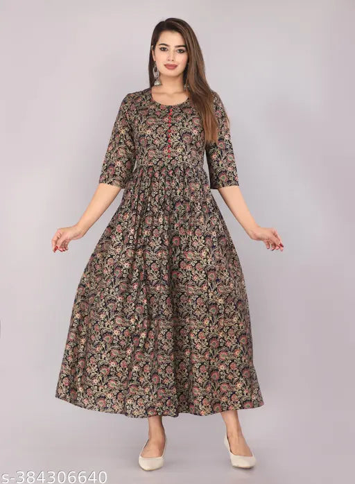 Rayon printed long Anarkali kurta with three-quarter sleeves, Indian-inspired floral design for women's fashion events or parties