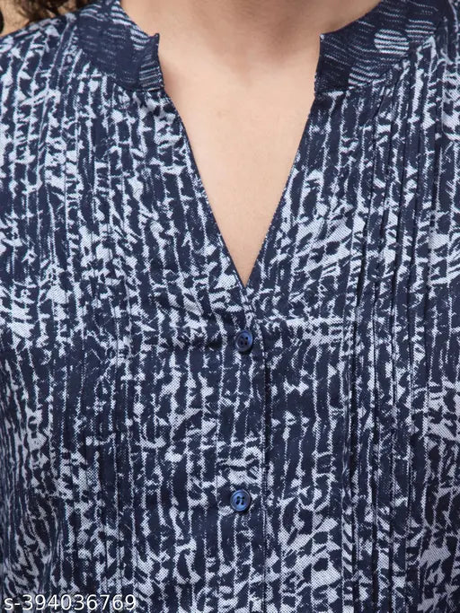 Blue rayon tunic with abstract print, 3/4 sleeve & belt - Hive91 women's summer essential