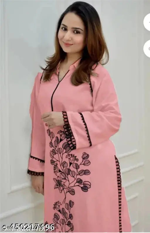 Embroidered rayon kurta pant set with printed net pattern, three-quarter sleeves, Indian-made