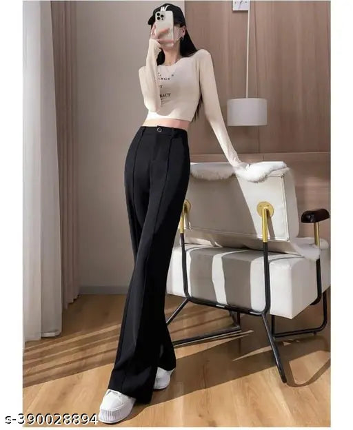 Cotton Lycra Tiger Style Simplicity Straight Fit Black Pant for Women & Girls - High quality, imported regular length casual wear, perfect for various occasions, size chart recommended