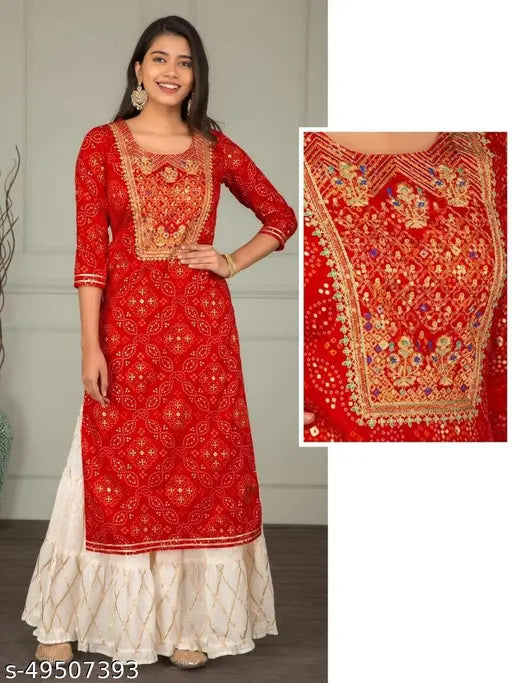 Red Jaipuri sharar set with gotta work kurti and sharara, printed net design on rayon fabric