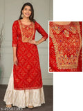 Red Jaipuri sharar set with gotta work kurti and sharara, printed net design on rayon fabric