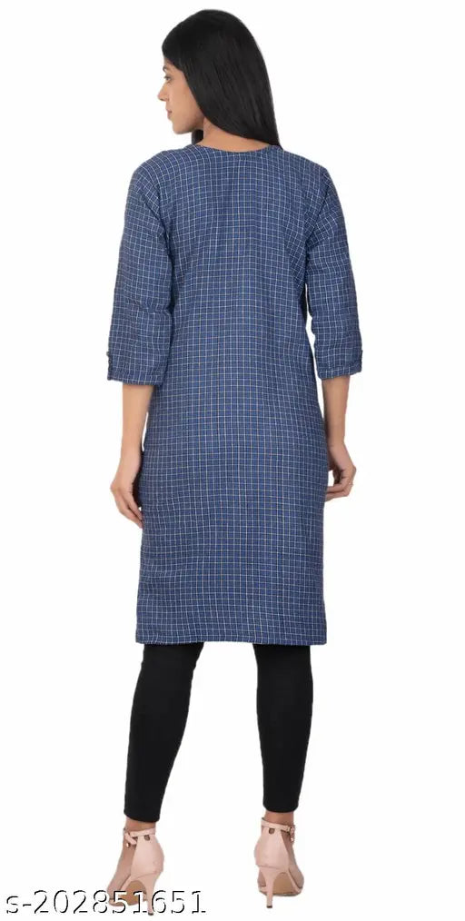 Stylish dark blue wool kurti, three-quarter sleeves, checked pattern. Women's ethnic wear top, suitable for various sizes S-XXL