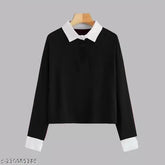 Black cotton blend long sleeve women's polo t-shirt, XS - elegant collared top for daily wear, India-made