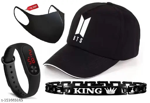 Attractive combo pack of BTS baseball cap, black LED watch, and pollution mask for men and boys. Four cotton caps with printed pattern featuring BTS design. Made in India