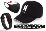 Attractive combo pack of BTS baseball cap, black LED watch, and pollution mask for men and boys. Four cotton caps with printed pattern featuring BTS design. Made in India