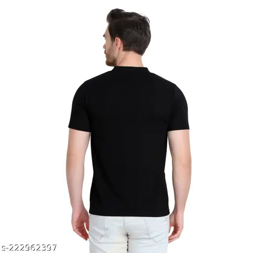 Black and white striped cotton blend round neck half sleeves T-shirt for men by GLITO
