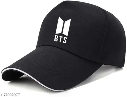Black cotton baseball cap with printed B T S design, popular streetwear accessory from India
