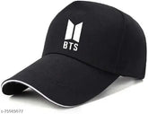 Black cotton baseball cap with printed B T S design, popular streetwear accessory from India