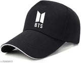 Black cotton baseball cap with printed B T S design, popular streetwear accessory from India