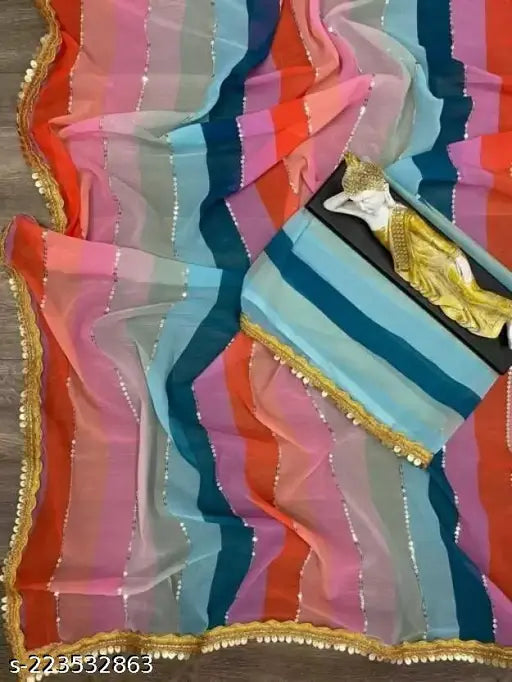 Embellished Georgette saree with separate blouse in printed net, Sicvans work, free size, 5.5m length, Indian origin