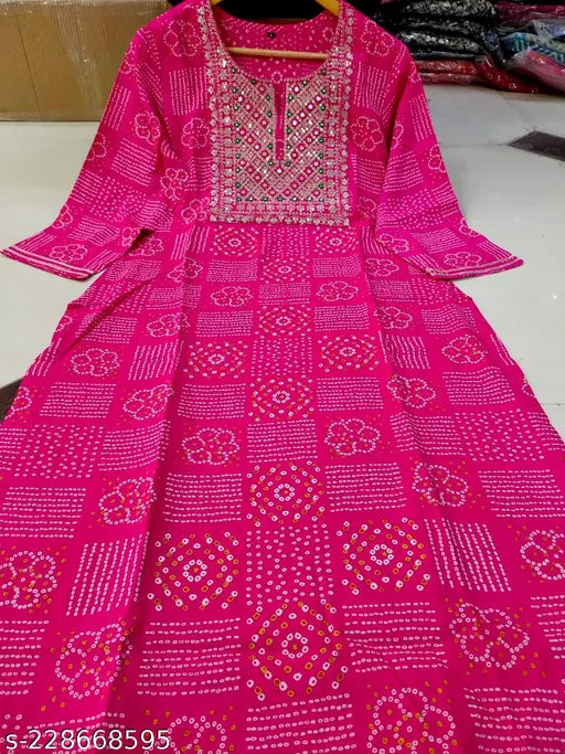 Rayon pink kurti with yoke, embroidered Bandhej thread work - stylish wear for festivals and office (109 characters)