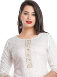 White printed rayon kurta plazo set with three-quarter sleeves, Indian fashion on mannequin