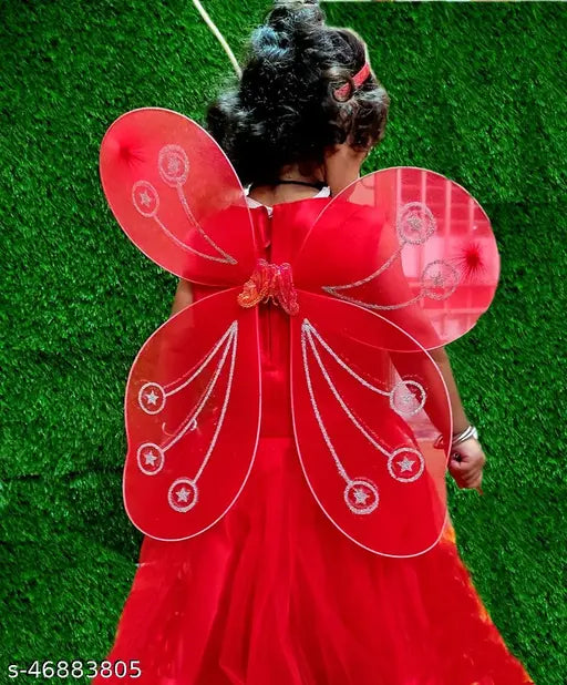 Net embellished Hazu Pari frock with wings for kids (18-24M, 3-4Y, 4-5Y, 5-6Y), Indian handcrafted hairband and stick included
