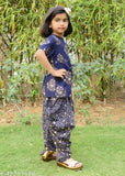 Misbis blue floral printed designer kurta set with dhoti pants for baby girl. Rayon fabric, A-line top, dhoti pants, three-quarter sleeves, soft touch feel, size range 3-4 years to 13-14 years, Indian origin