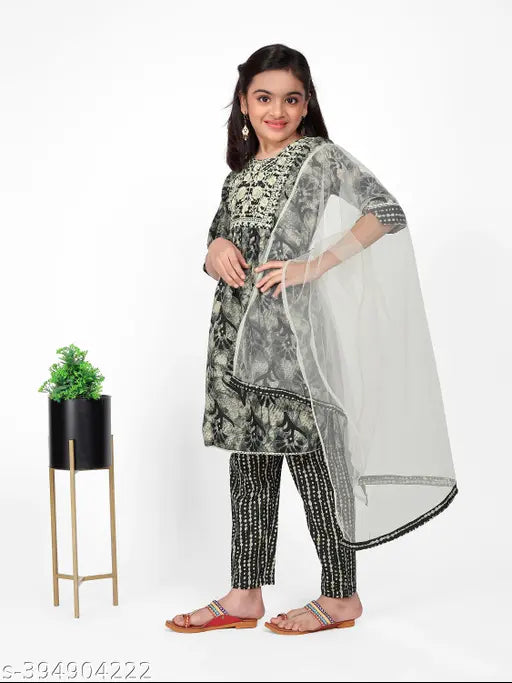 Girls cotton embroidered A-line Kurta set with Dupatta, knee-length, three-quarter sleeves, printed pattern. Cotton dupatta included. Indian traditional wear for girls aged 4-14 years