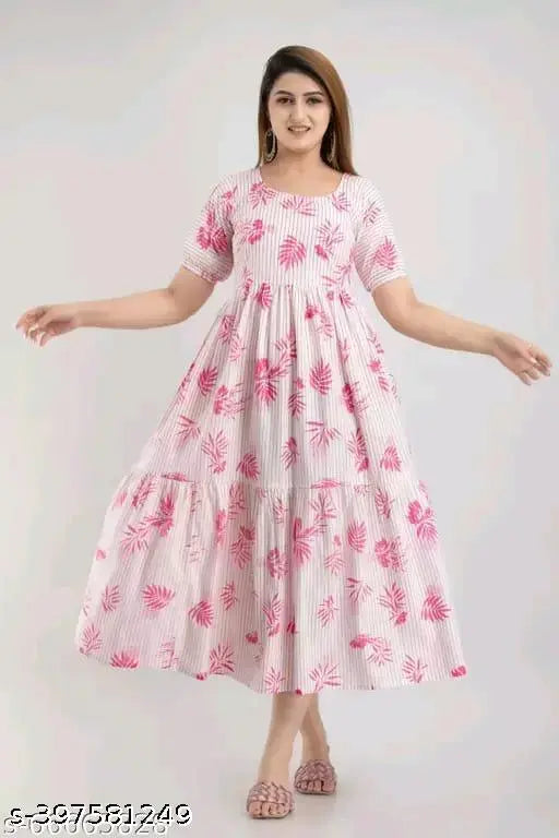 Pink printed rayon Anarkali kurti, short sleeves, floral pattern. XXL (bust size: 44in), India-made women's fashion