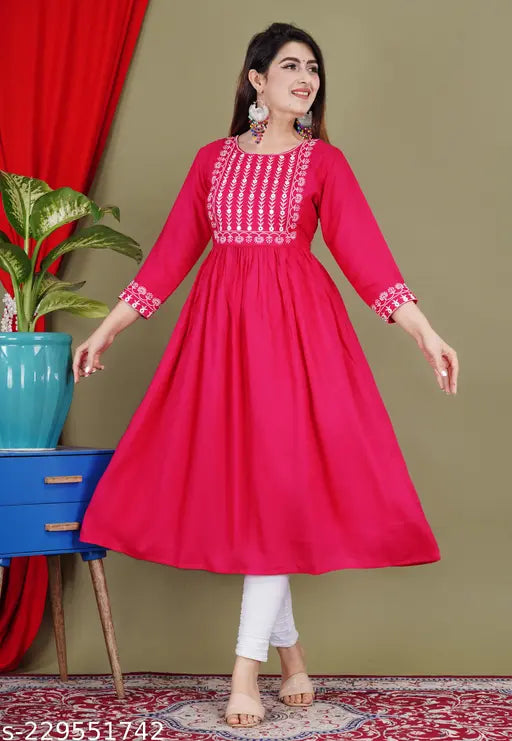 Embroidered rayon kurti, three-quarter sleeves, Indian embroidery clothing on hanger