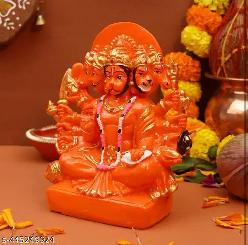 Orange resin Panchmukhi Hanuman Ji statue, protector from evil eye for home decor & gifting, measures 6.5 inches in length, height, and breadth