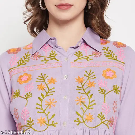 Mauve rayon embroidered top with long sleeves, Indian-made women's fashion