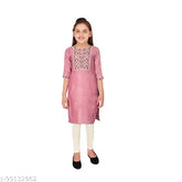 Chanderi embroidered cotton kurti set with leggings, A-line style, knee-length for girls aged 4-16 years, India origin