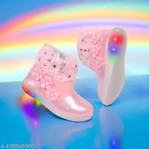 Kids party shoes, synthetic sole with TPR embellishments, slip-on style for various sizes: 0-4M (10.5in), 6M (20in), 8M (23in), 10-12M (11.5in), 1Y (11in), 2Y (13.5in), 3Y (15in), 4Y (17in), 5Y (18.5in), 9-10Y (24in), made in India