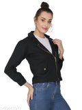 Denim ZIP jacket, new black solid design, long sleeves, made in India (size S: Bust 34", Length 20", Waist 15", Hip 15", Shoulder 15")