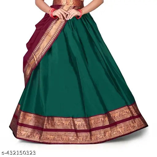 Art Silk lehenga choli set for girls, featuring flared design and stripe stitch, available in multiple sizes (12-13 years, 13-14 years, 14-15 years, 15-16 years, free size) with unstitched top and bottom wear. Product weight: 490 grams. Made of Litchi Silk with a shiny base. Dry clean only. Indian origin