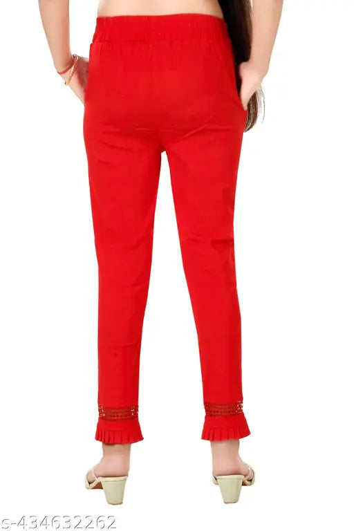 Trendy cotton blend solid pencil pant with lace panel, semi-formal for casual & office use, ankle length, India origin