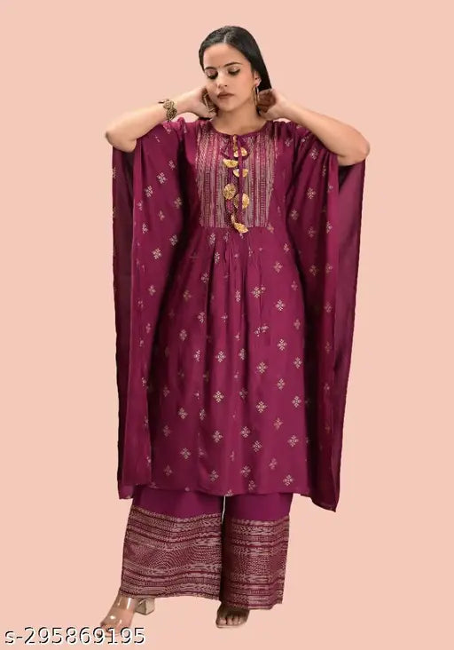 Rayon floral kurta set with palazzo bottoms, printed net pattern on women's clothing, India-made fashion