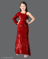 Velvet one-shoulder sequins gown for small girls (party wear), embroidered net pattern, India-made by Sifrila